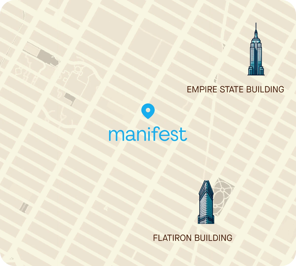 Picture of map depicting Manifest's office location in regards to the Empire state building and the Flatiron building