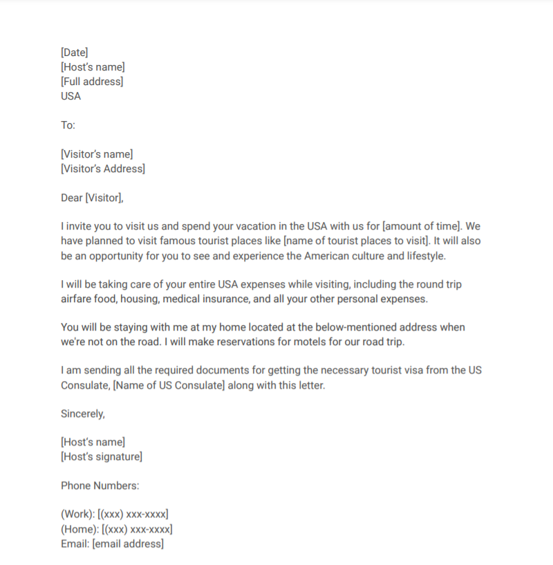invitation letter for a US Visa
