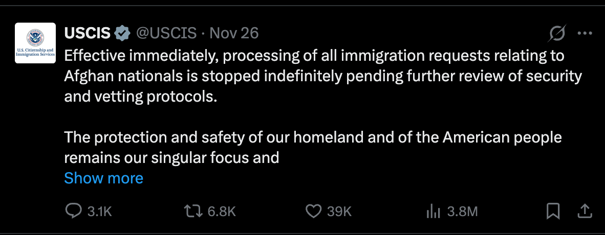 USCIS tweet stating that the agency will stop processing immigration requests from Afghan nations