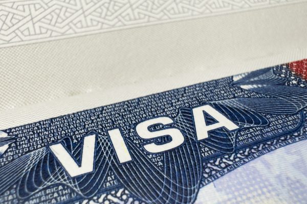 Closeup of a U.S. visa document.