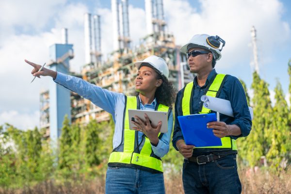 Two engineers wear safety gear while inspecting documents at a job site with large industrial chimneys.