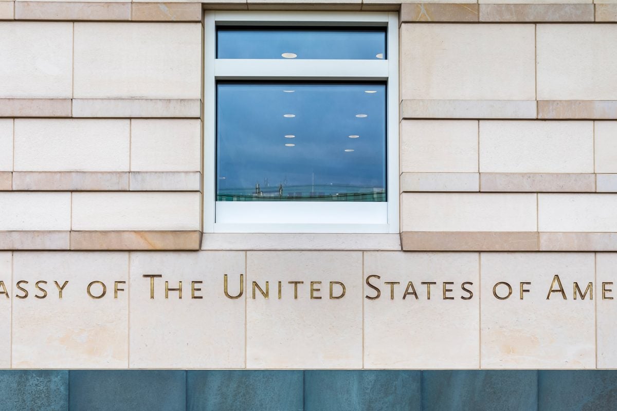 Closeup of an embassy of the United States of America