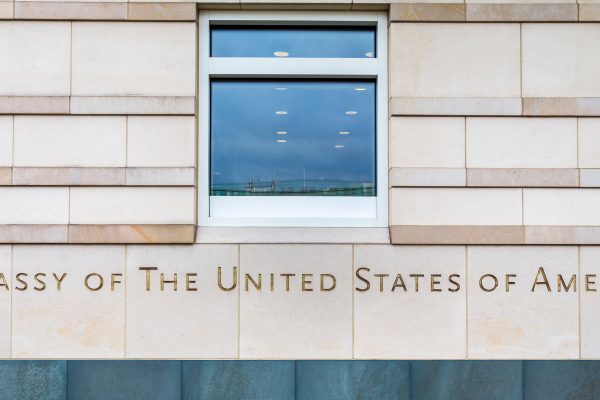 Closeup of an embassy of the United States of America