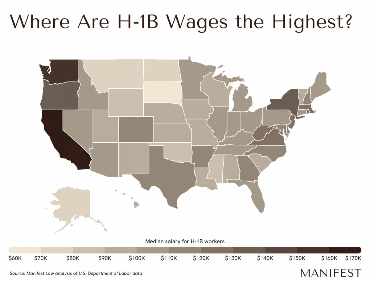 Map of the U.S. showing where H-1B wages are highest in each state.