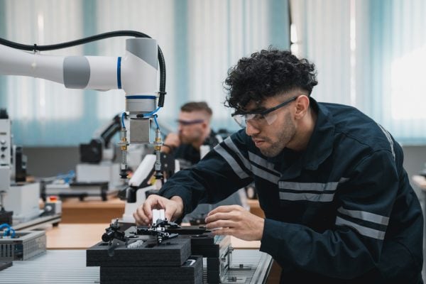 Student engineer assembling a robotic arm in a technology workshop.