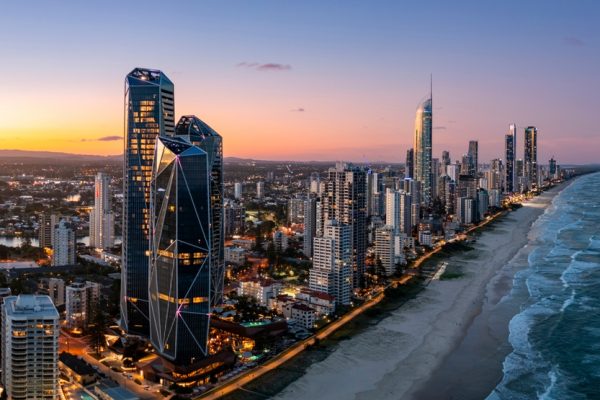 Sunset over the Gold Coast shoreline in Queensland, Australia