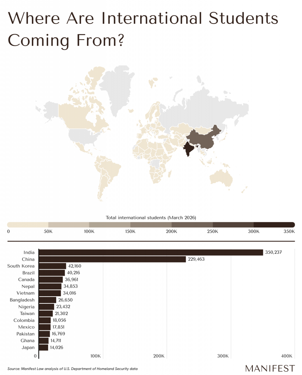 World map showing where international students are coming from, with countries highlighted in different colors for emphasis.