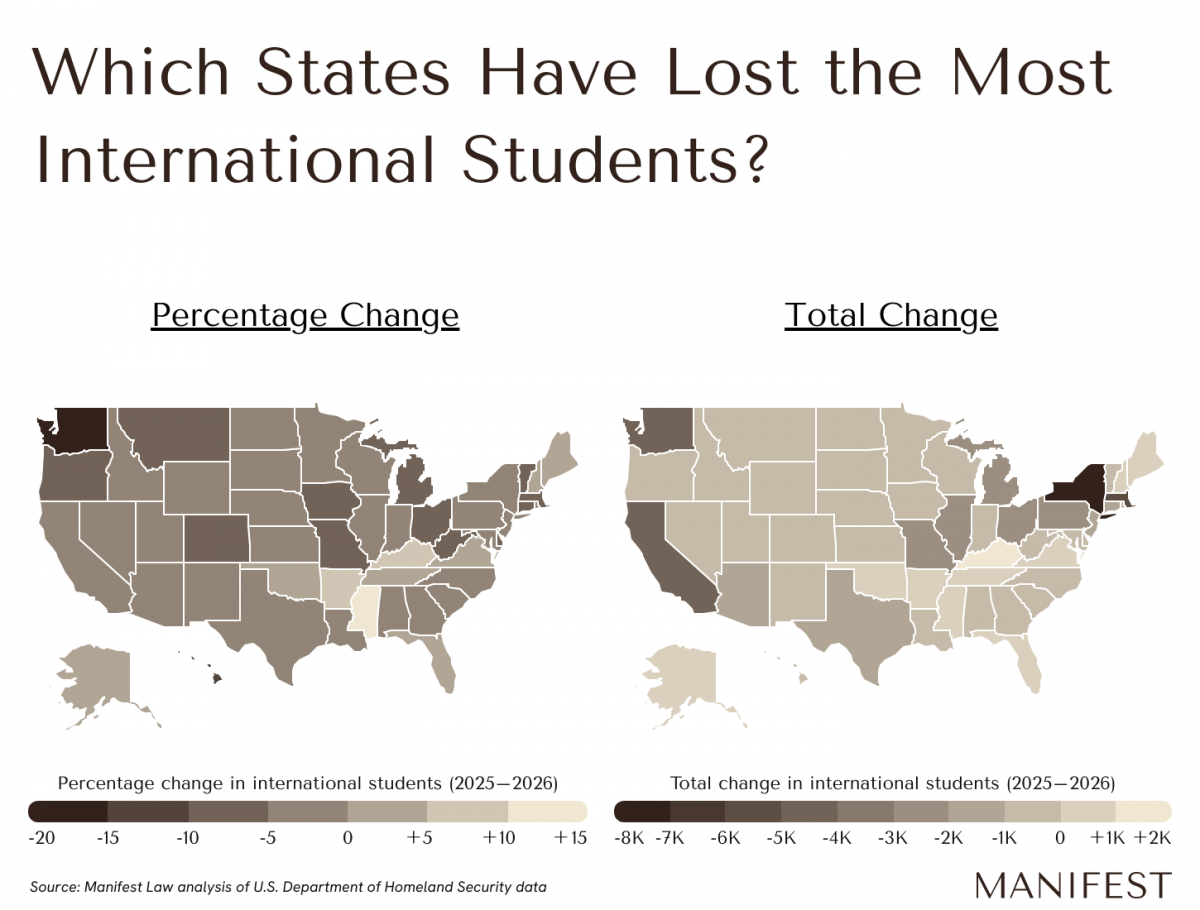 Graphic showing maps of the U.S. with different shadings to indicate percentage change in international student population in each state.